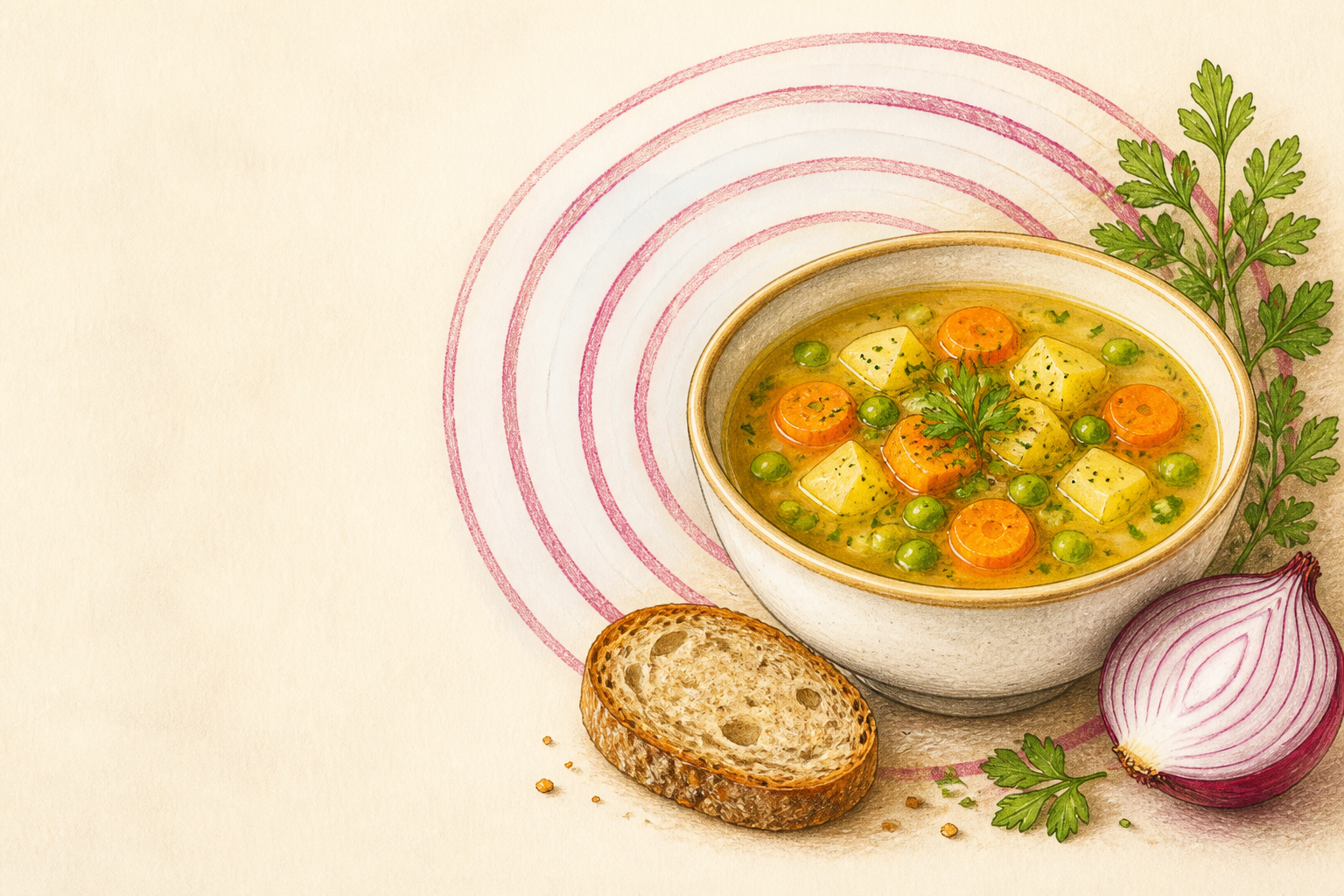 Gezeichnete Gemüsesuppe mit Kartoffeln, Karotten und Erbsen